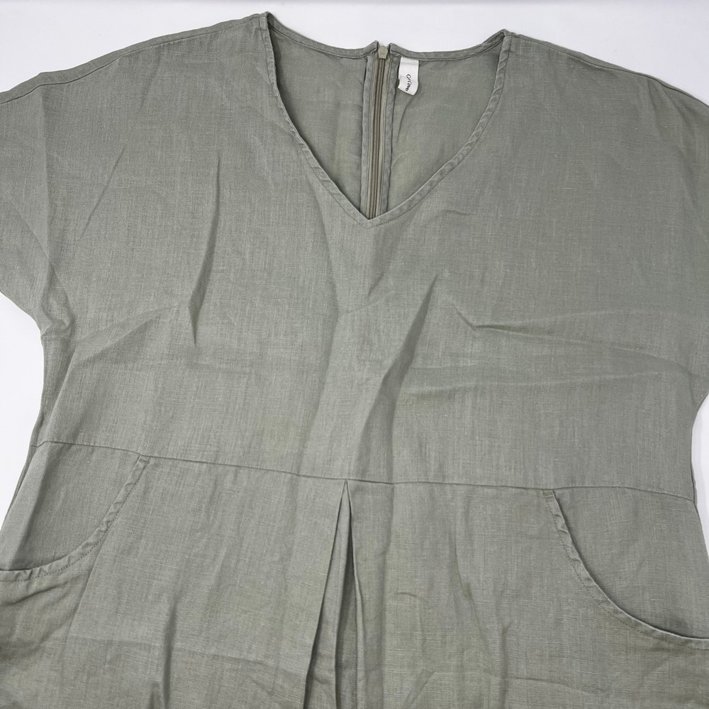 Grae Cove Green 100% Linen V-Neck Midi Dress with Pockets Womens Size Medium